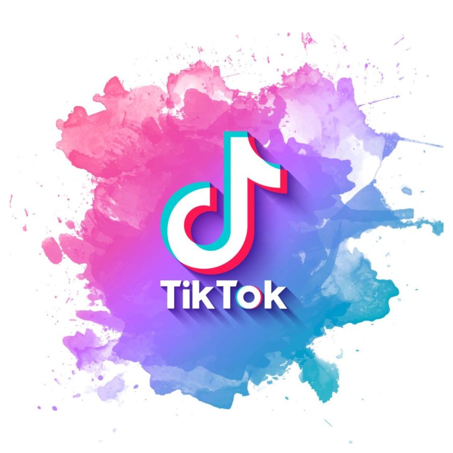 Tiktok logo with a blue, purple, and pink splash background