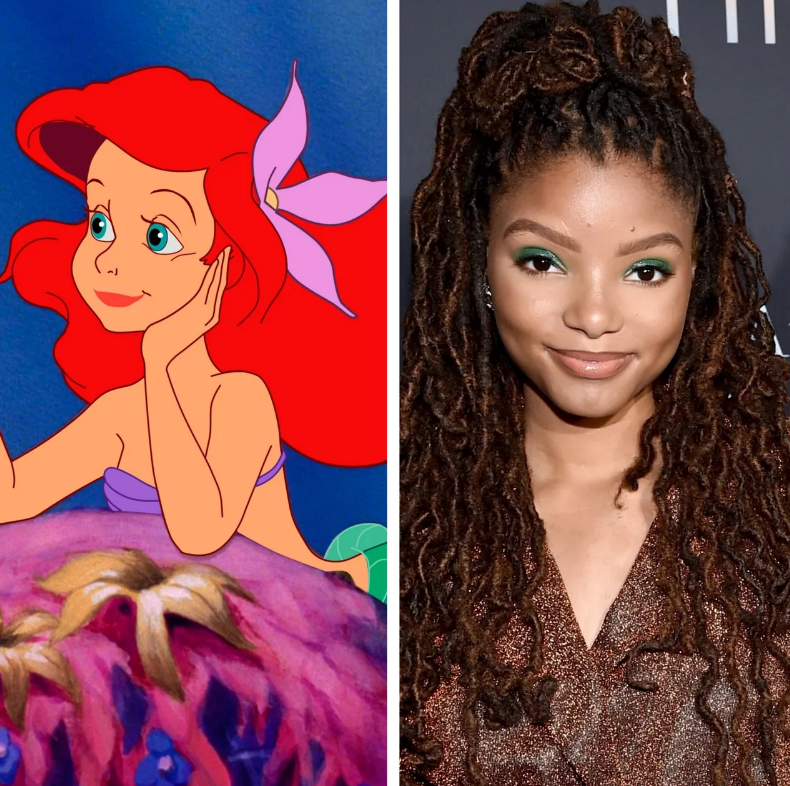 DISNEY%2FGETTY+IMAGES+of+Halle+Bailey+and+Ariel+Cartoon+side+by+side.