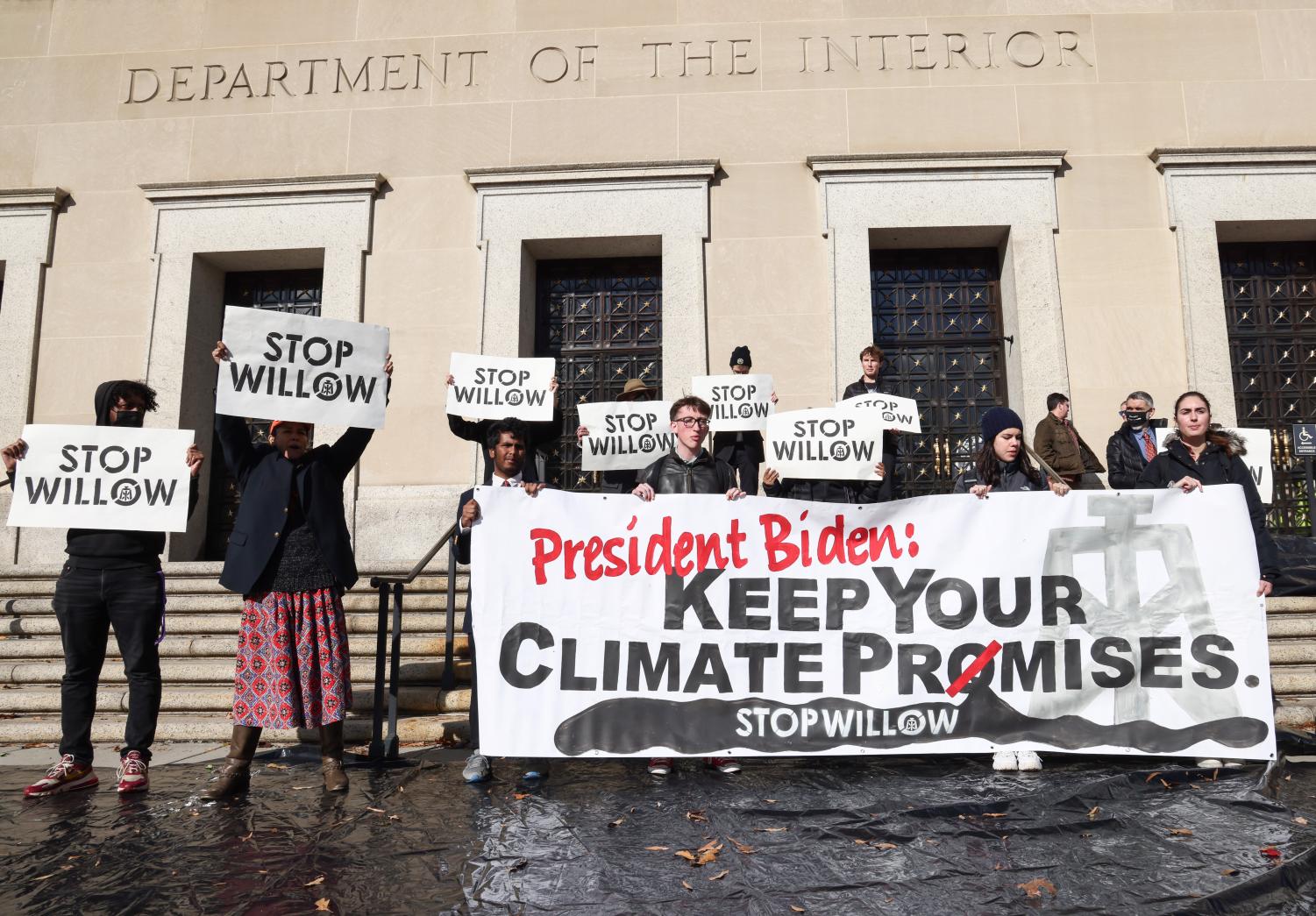 On Nov 17, 2022, Climate activists hold protest to urge President Biden to reject the Willow Project at the US Department of Interior in Washington, DC; Credits by Jemal Countess 2022 Getty Images 