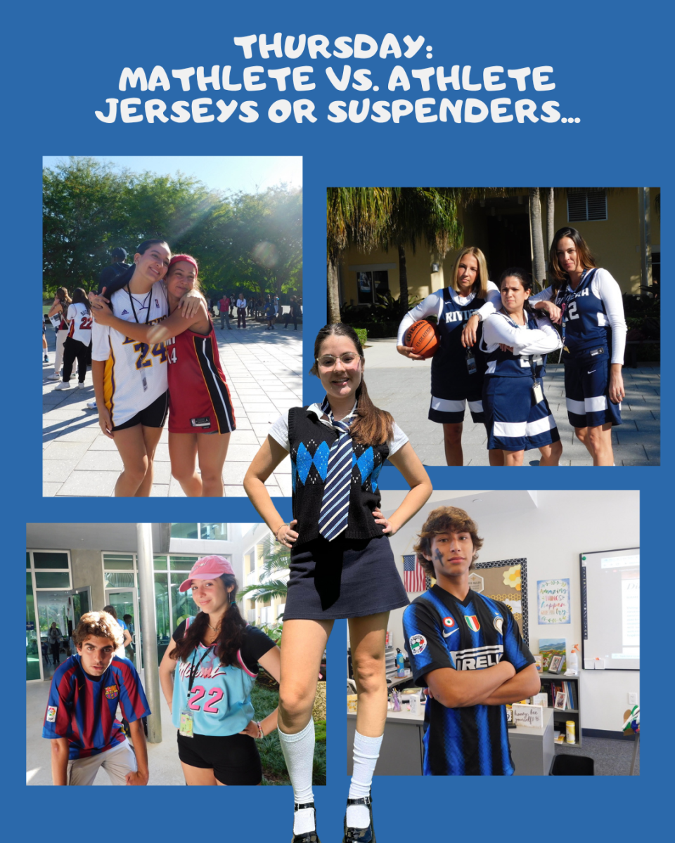 Top Left: Juniors Valentina Gutierrez and Miranda Blanco represent the LA Lakers and Miami Heat on Mathlete vs. Athlete day.

Top Right: Ms. Jessica Jove, Ms Genesse Anderez, and Ms. Janelle Bedoya depict themselves as Rivieras Basketball stars.

Bottom Right: Senior Diego Cuellar puts on his game face as an Inter Milan soccer player.

Middle: Senior Patricia Ricci puts on her best mathlete impression.

Bottom Left: Juniors Gabirel-Pizzaro Montaya and Penelope Cartaya are out as Barcelona FC and Miami Vice athletes.