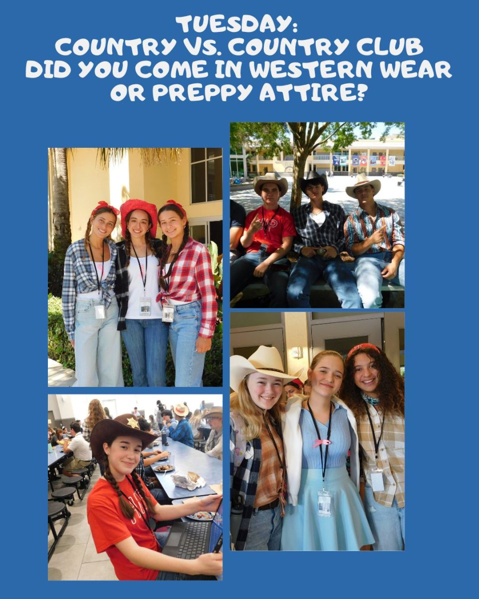 Bottom Right: Grace Williams, Katherine Penate, and Isabella Paradisi pose in their gear to kick off Country vs. Country Club Day. 

Top Left: Valentina Briatore, Natasha Kaminsky, and Valentina Acevedo show off their country gear during their lunch break. 

Top Right: Noel Leon, Daniel Kluger, Nicholas Valdes, and Ryan Singer enjoy the cool weather in their western gear during lunch.

Bottom Left: Sheriff Dana Egui is in town! She is strictly business and will do anything she can to get all A’s. 