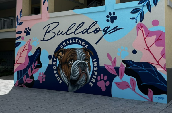 The newest addition to the Prep School campus is the mural of Rocket the Bulldog, painted by Maximiliano Gutierrez.