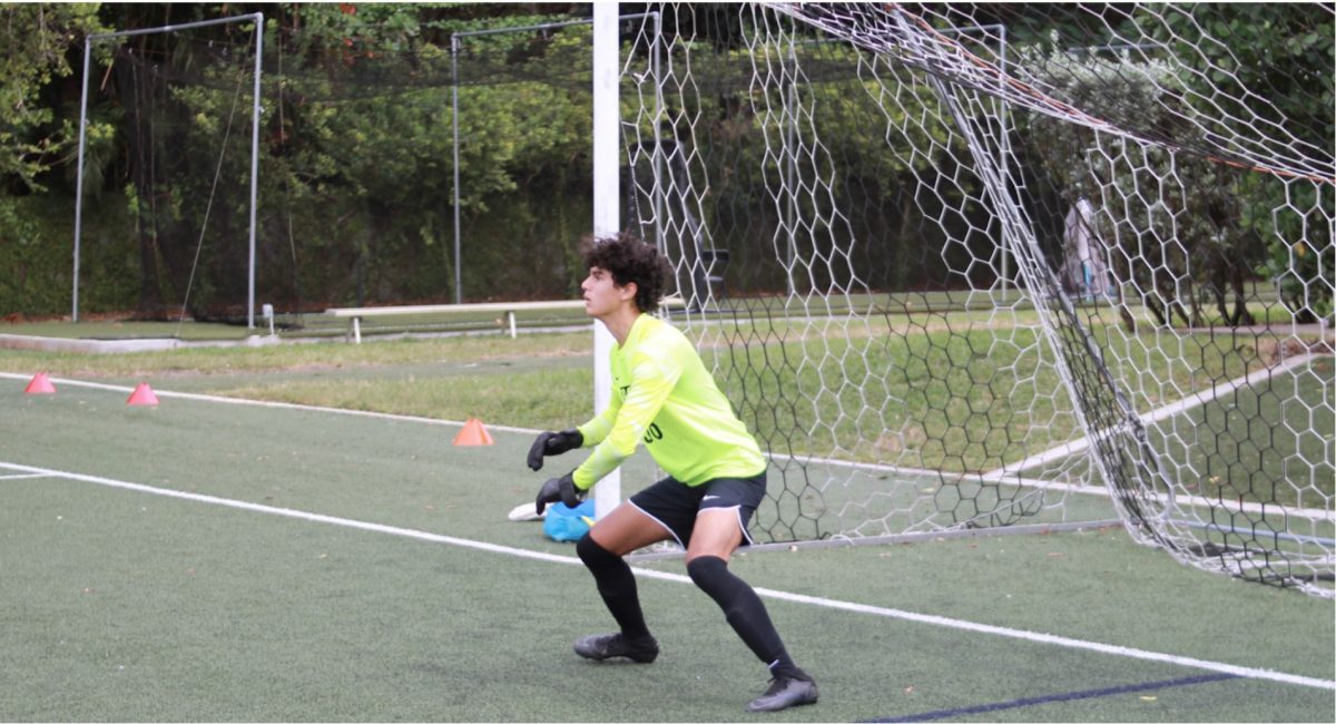 Senior Mathias Cohen, Riviera Prep’s goalie for the past two years and team member for four, defends the goal during a recent match against Divine Savior Academy.