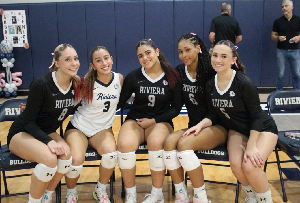 Volleyball seniors united for the last game from left to right: Annemarie Perez, Camila Busque, Emilia Kouri, Mariel St. John, and Andrea Prieto.