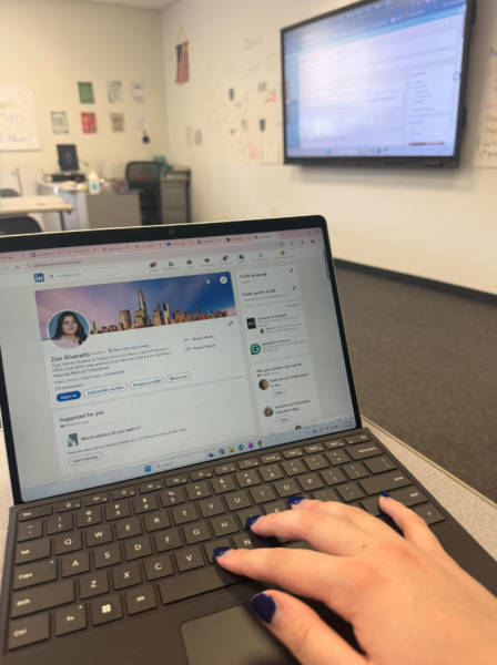 A Riviera student updates a LinkedIn profile before class, reflecting how career preparation is becoming part of the daily routine for many students.